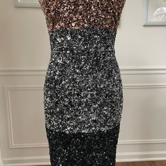 French Connection Sequin Cocktail Dress Metallic Colorblock Stripe Gold Silver 4 - Picture 5 of 10